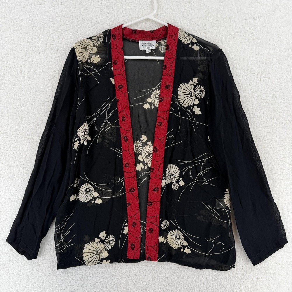 VTG‎ Naturally Petite Jacket Womens  Medium Black Floral Kimono Sheer Hawaiian